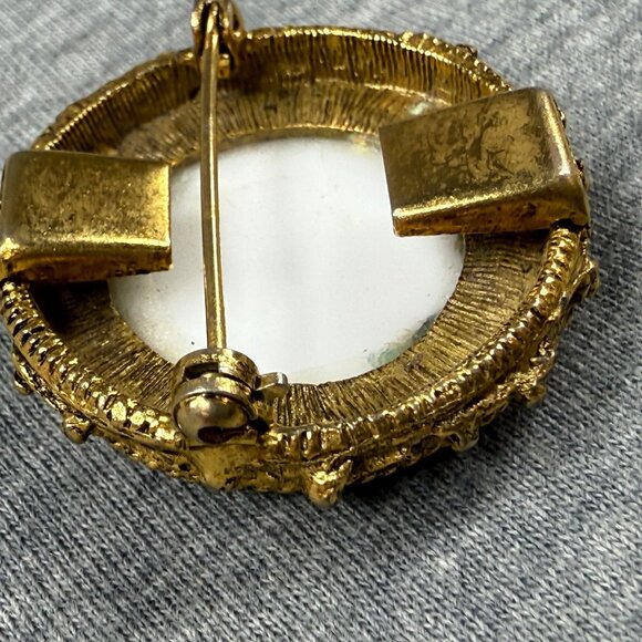 Vintage Victorian-Style Hand-Painted Porcelain Brooch With Gilded Filigree Frame - Picture 10 of 16